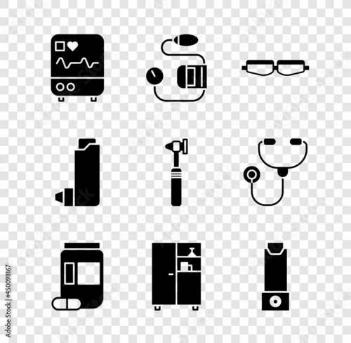 Set Monitor with cardiogram, Blood pressure, Safety goggle glasses, Medicine bottle and pills, cabinet, Inhaler, and Medical otoscope tool icon. Vector