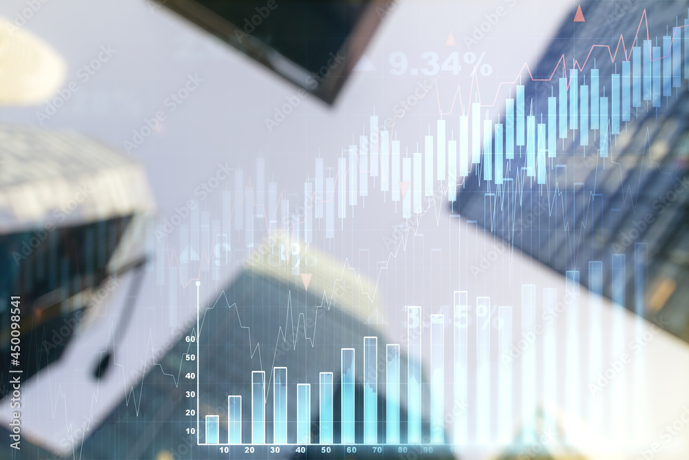 Multi exposure of abstract financial diagram on office buildings background, banking and accounting concept Multi exposure of abstract financial diagram on office buildings background, banking and accounting concept
