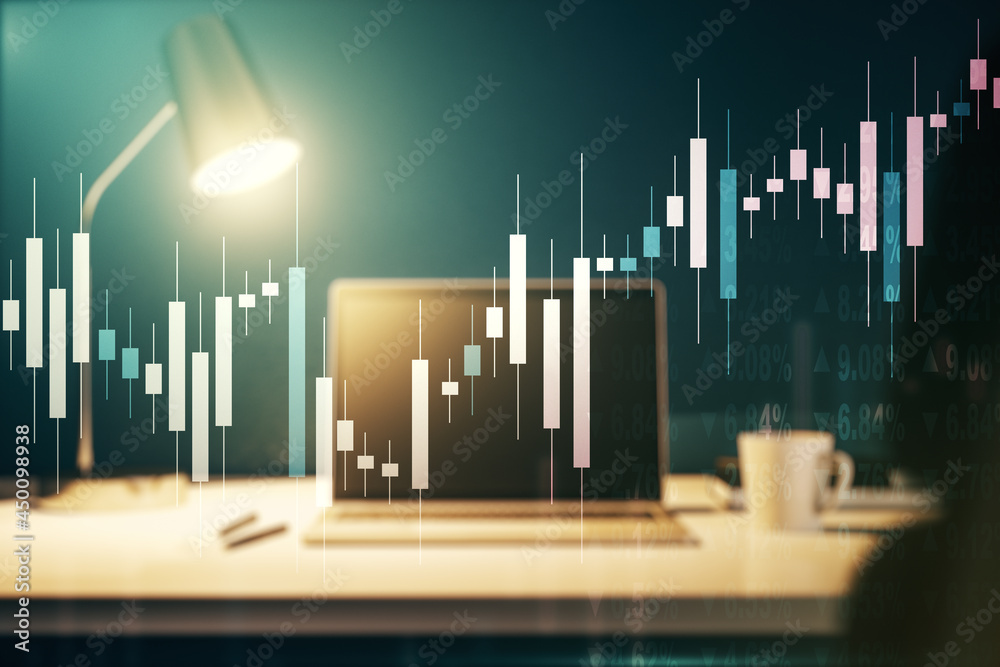 Multi exposure of abstract creative financial chart on computer background, research and analytics concept