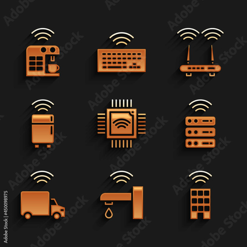 Set Processor with microcircuits CPU, Smart water tap, home wireless, server, truck, refrigerator, Router and wi-fi signal and coffee machine icon. Vector