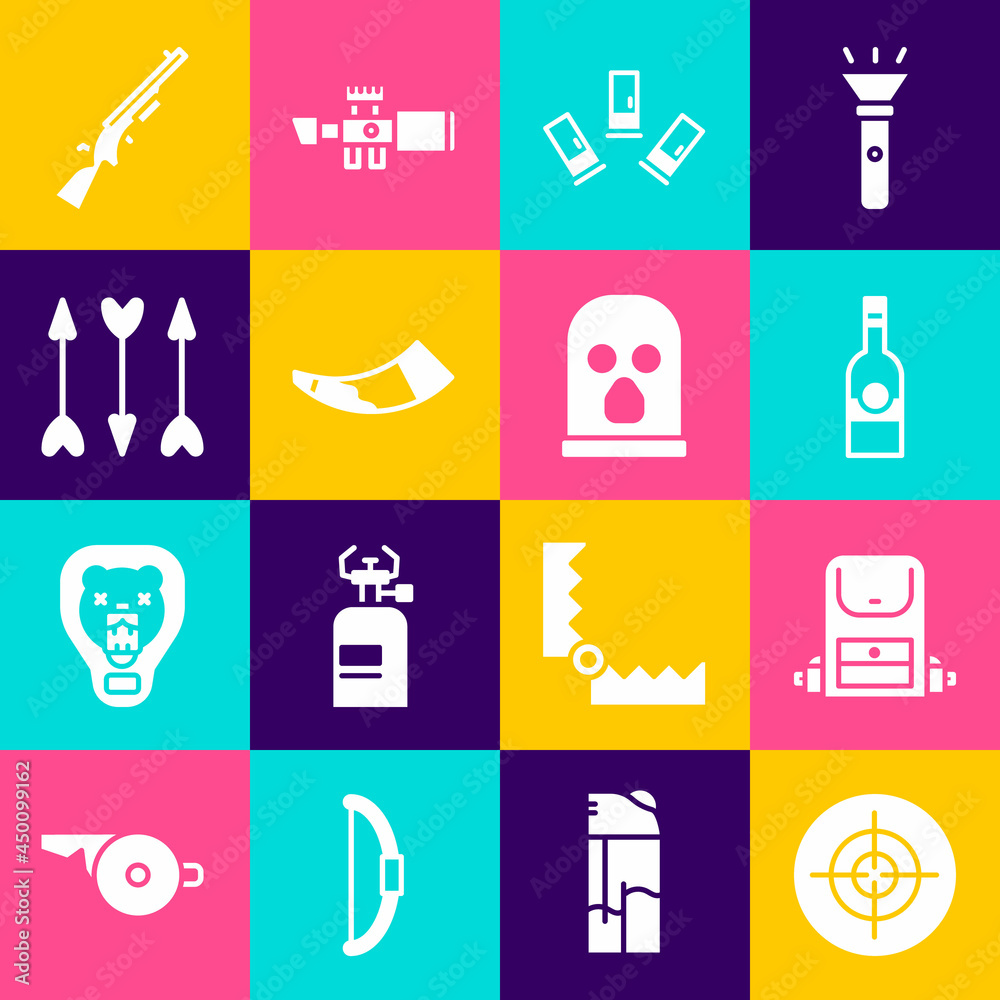 Set Target sport, Hiking backpack, Bottle of vodka, Cartridges, Hunting horn, Hipster arrows, Shotgun and Balaclava icon. Vector Set Target sport, Hiking backpack, Bottle of vodka, Cartridges, Hunting horn, Hipster arrows, Shotgun and Balaclava icon. Vector