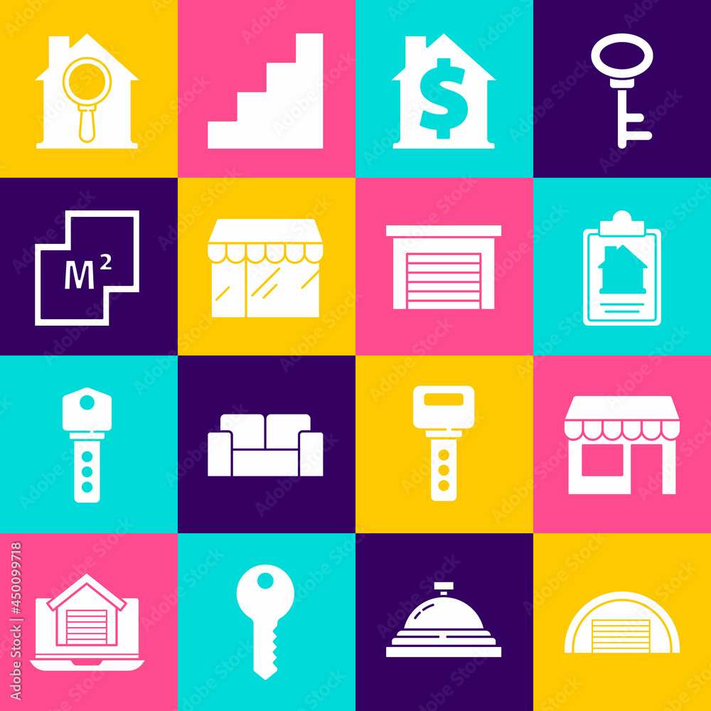 Set Garage, Market store, House contract, with dollar symbol, plan, Search house and icon. Vector