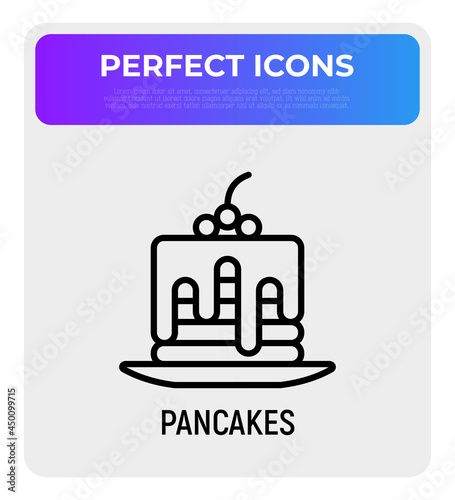 Bakery: stack of pancakes with syrup and berries thin line icon. Confectionery. Modern vector illustration