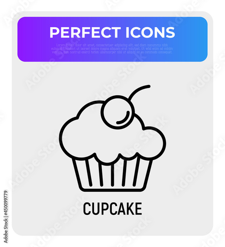 Cupcake with berry  sweet dessert thin line icon. Modern vector illustration of bakery.
