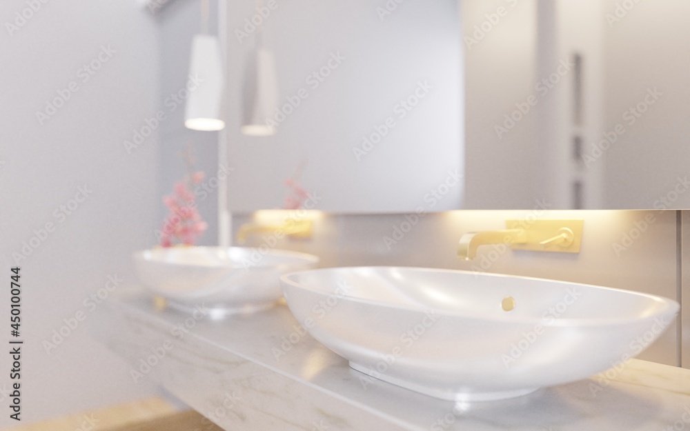 Fototapeta premium Interior mockup of bathroom with sink basin faucet camera shallow depth of field.Modern design of bathroom.3d rendering