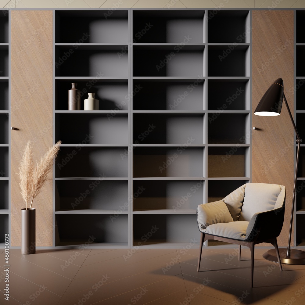 Mock up bookshelf with chairs and lamps.3d rendering Mock up bookshelf with chairs and lamps.3d rendering