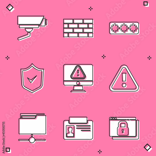 Set Security camera, Firewall, security wall, Password protection, Shield with check mark, Monitor exclamation, Exclamation in triangle, FTP folder and Identification badge icon. Vector