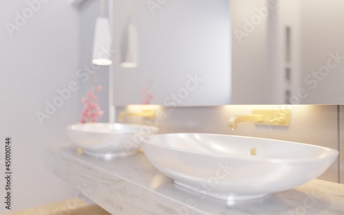 Interior mockup of bathroom with sink basin faucet camera shallow depth of field.Modern design of bathroom.3d rendering