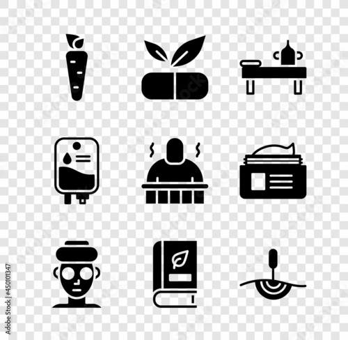 Set Carrot, Medical pill with plant, Massage table oil, Facial cosmetic mask, book, Acupuncture therapy, IV bag and Sauna and spa procedures icon. Vector