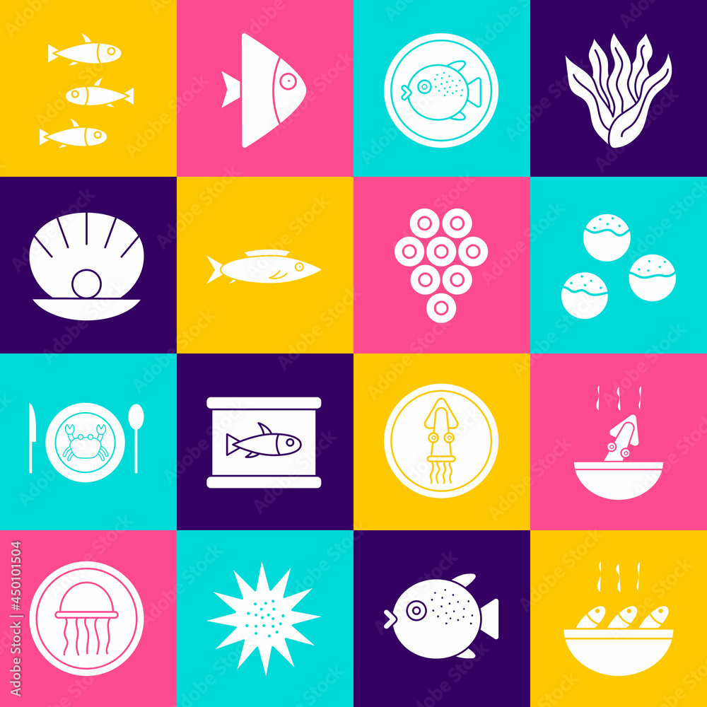 Set Fish soup, Soup with octopus, Takoyaki, Puffer fish on plate, Shell pearl, Fishes and Caviar icon. Vector