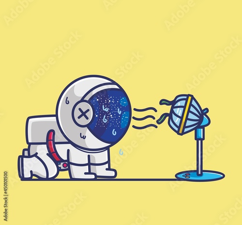 Cute Cartoon astronaut character cooling himself using a blowing fan when summer day and hot weather. Cartoon Flat Style Icon illustration Premium Vector Logo
