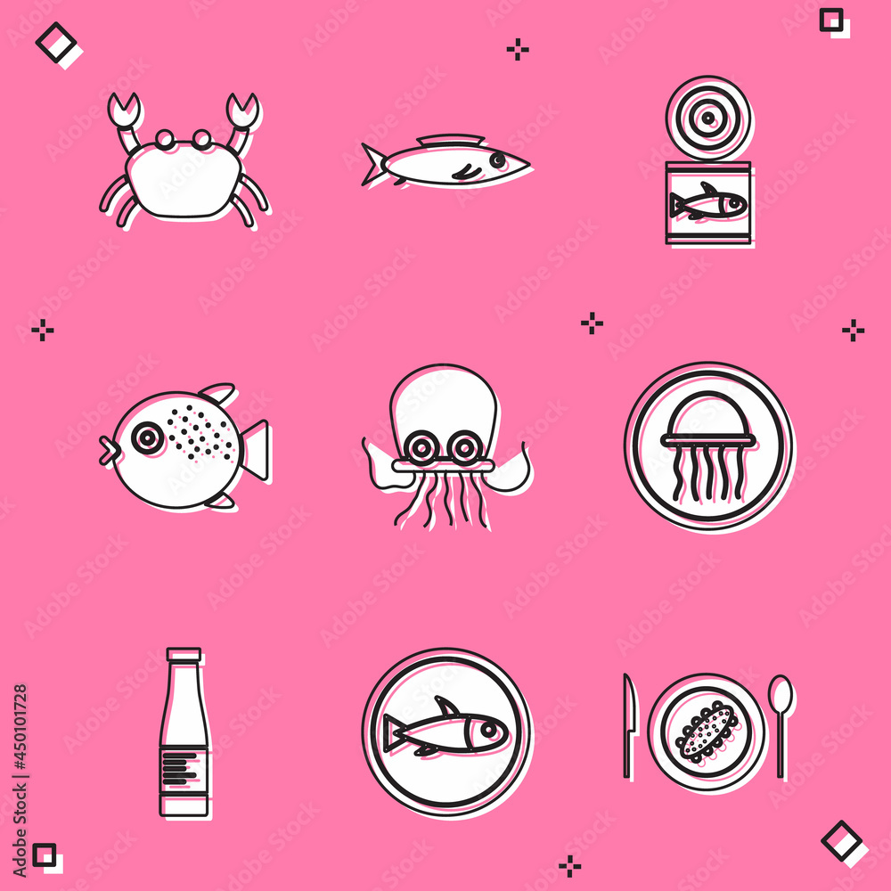 Set Crab, Fish, Canned fish, Puffer, Octopus, Jellyfish on plate, Sauce bottle and Served icon. Vector Set Crab, Fish, Canned fish, Puffer, Octopus, Jellyfish on plate, Sauce bottle and Served icon. Vector