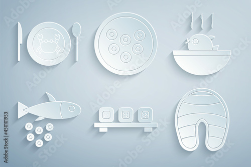 Set Sushi on cutting board, Puffer fish soup, Fish with caviar, steak, Caviar plate and Served crab icon. Vector
