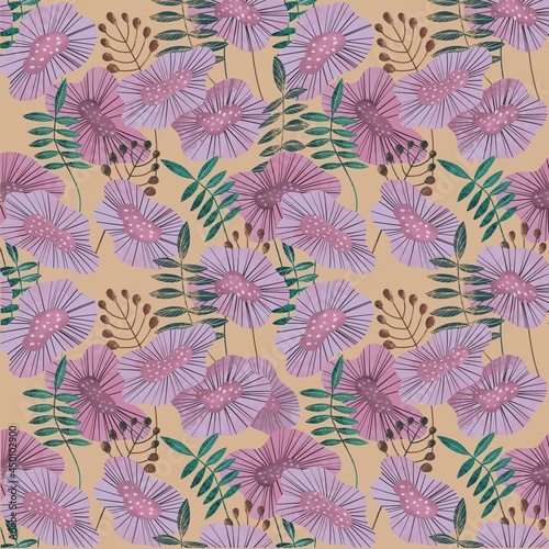 Multicolored floral pattern on a beige background  seamless stylized plants.
