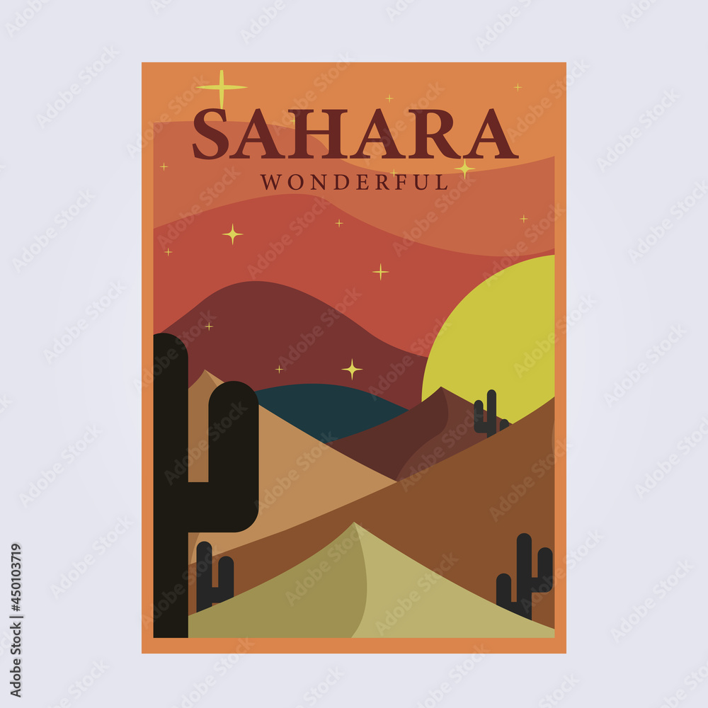 Obraz premium Sahara desert landscape cactus land vintage poster vector classic illustration design