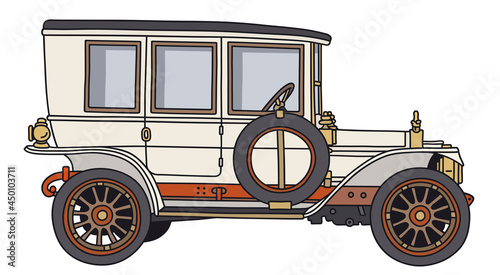 The vectorized hand drawing of a vintage white car