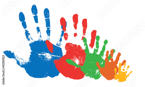 Hand prints of large family. Texture of handprints of mother, father and three children. Human fingers and palm of hands. Vector illustration