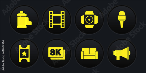 Set Cinema ticket, Microphone, 8k Ultra HD, chair, Movie spotlight, Play Video, Megaphone and Camera film roll cartridge icon. Vector