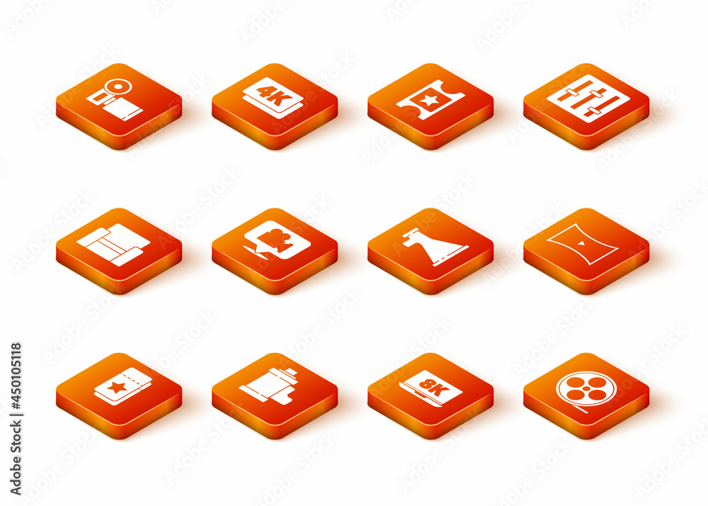 Set Cinema ticket, Camera film roll cartridge, chair, and location, Laptop with 8k, Megaphone, Film reel and Online play video icon. Vector