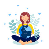 A cute cartoon woman meditates in a lotus position with a planet