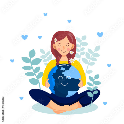 A cute cartoon woman meditates in a lotus position with a planet