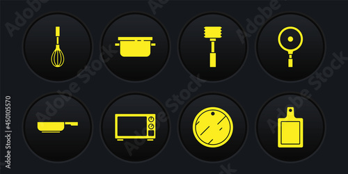 Set Frying pan, Microwave oven, Cutting board, Kitchen hammer, Cooking pot, and whisk icon. Vector