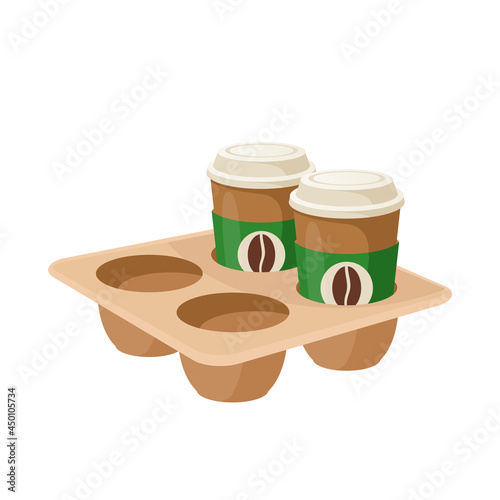 Coffee take away, two cups in cup holder. Vector illustration cartoon flat icon isolated on white background.