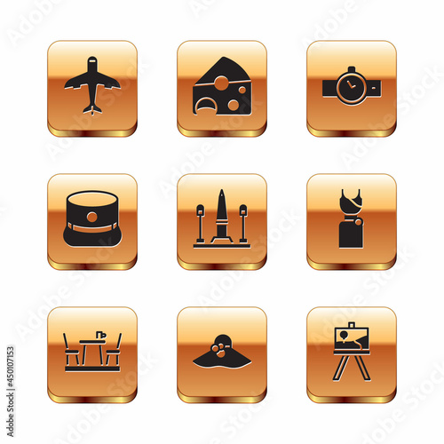 Set Plane, French cafe, Elegant women hat, Place De La Concorde, Kepi, Wrist watch, Easel painting art boards and Cheese icon. Vector