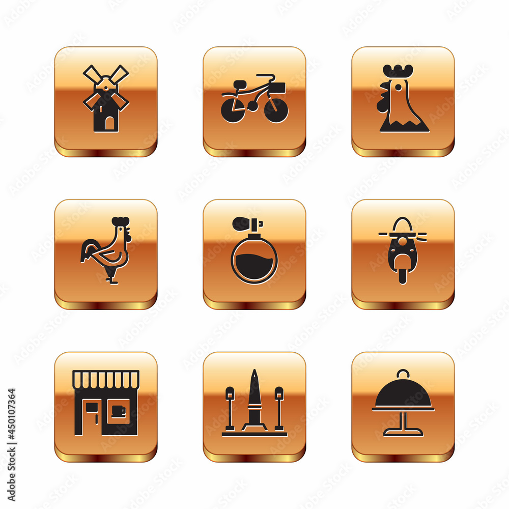 Set Windmill, Coffee shop, Place De La Concorde, Perfume, French rooster, Covered with tray and Bicycle icon. Vector Set Windmill, Coffee shop, Place De La Concorde, Perfume, French rooster, Covered with tray and Bicycle icon. Vector