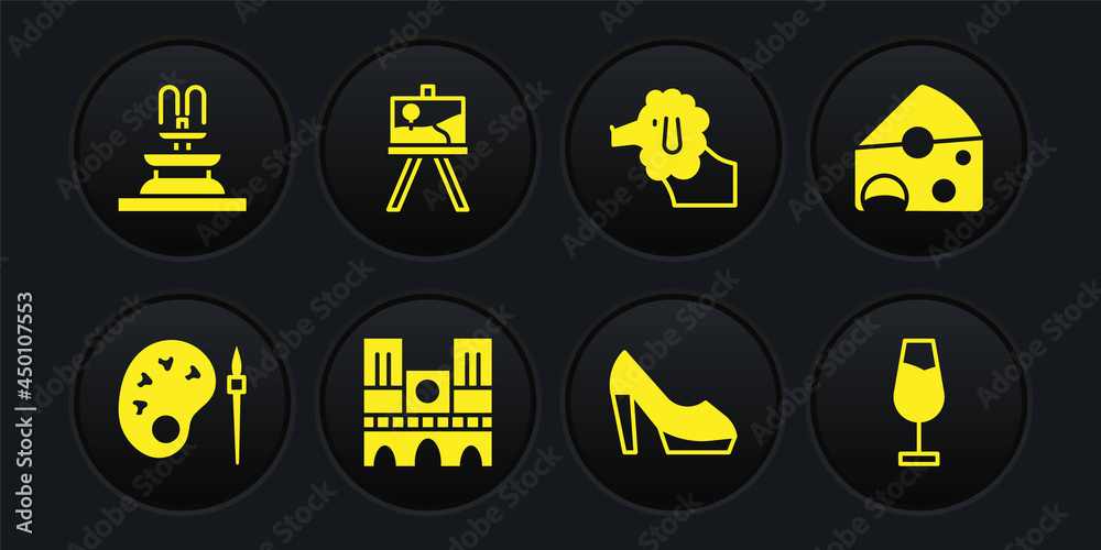 Set Paint brush with palette, Cheese, Notre Dame, Woman shoe, Poodle dog, Easel or painting art boards, Wine glass and Fountain icon. Vector Set Paint brush with palette, Cheese, Notre Dame, Woman shoe, Poodle dog, Easel or painting art boards, Wine glass and Fountain icon. Vector