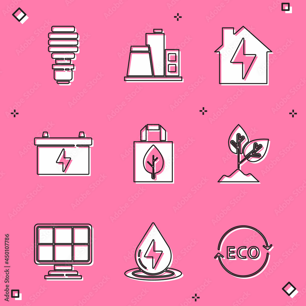 Set LED light bulb, Factory, House and lightning, Car battery, Shopping bag with recycle, Plant, Solar energy panel and Water icon. Vector Set LED light bulb, Factory, House and lightning, Car battery, Shopping bag with recycle, Plant, Solar energy panel and Water icon. Vector