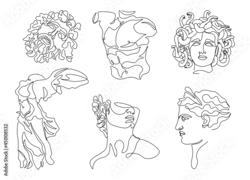 One line ancient greek sculptures. Greece mythology statues continuous line, david medusa gods head torso. Hand drawn vector art