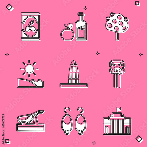 Set Olives in can, Apple cider bottle, Orange tree, Beach, Agbar tower, Peineta, Spanish jamon and Earrings icon. Vector