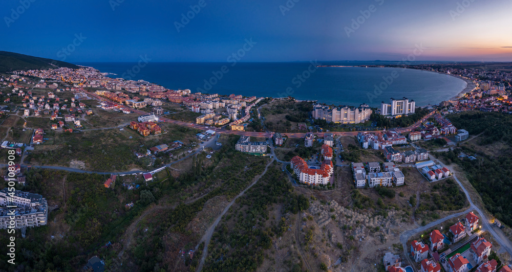Aerial view to the sea resort Sunny Beach, Bulgaria evening