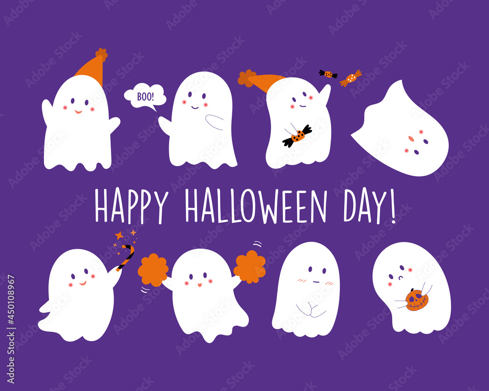 Set of cute vector happy ghosts icons. Ghost shadow funny. Childish spooky boo characters for kids. Magic scary spirits with different emotions and face expressions. Happy Halloween illustration. 