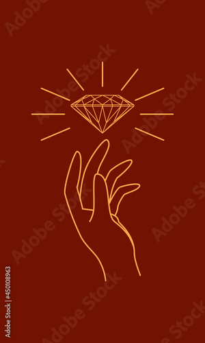 Рука ловит бриллиант вектор в бохо стиле.  Hand holding diamond vector in boho style. Brown background. Elements for your design.