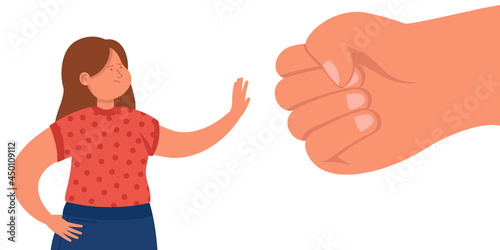 Tiny cartoon woman protesting against giant fist. Flat vector illustration. Girl fighting back domestic violence, gender discrimination, sexual harassment. Abuse, empowerment, awareness concept