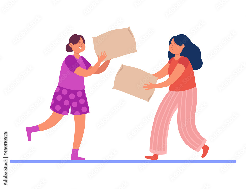 Happy girls fighting with pillows. Flat vector illustration. Two female characters having fun in pajamas, hitting each other with white pillows. Girls party, sleepover, fun, friendship concept