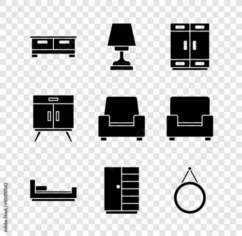 Set Chest of drawers, Table lamp, Wardrobe, Bed, Mirror, and Armchair icon. Vector
