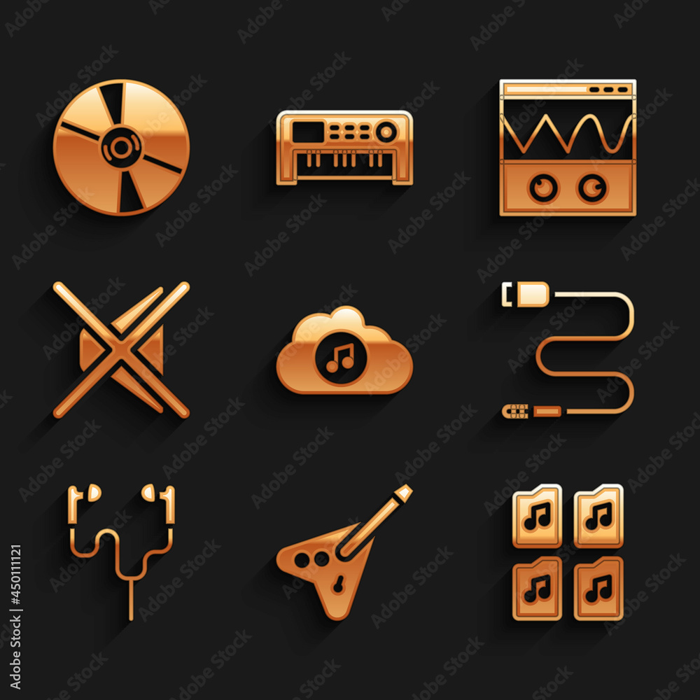 Set Music streaming service, Electric bass guitar, file document, Audio jack, Air headphones, Speaker mute, Oscilloscope and CD or DVD disk icon. Vector Set Music streaming service, Electric bass guitar, file document, Audio jack, Air headphones, Speaker mute, Oscilloscope and CD or DVD disk icon. Vector