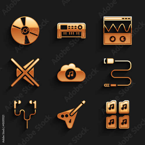 Set Music streaming service, Electric bass guitar, file document, Audio jack, Air headphones, Speaker mute, Oscilloscope and CD or DVD disk icon. Vector