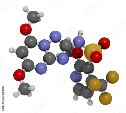 Pyroxsulam herbicide molecule. 3D rendering. photo