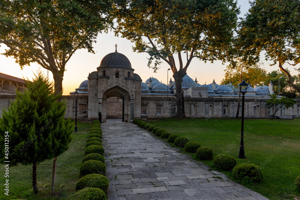 Suleymaniye Mosque garden. Fatih district of Istanbul on sunny evening, Turkey