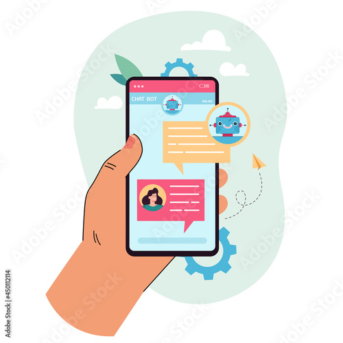 Hand holding mobile phone with chat bot on screen. Female character talking to online robot flat vector illustration. Technology, communication concept for banner, website design or landing web page © PCH.Vector