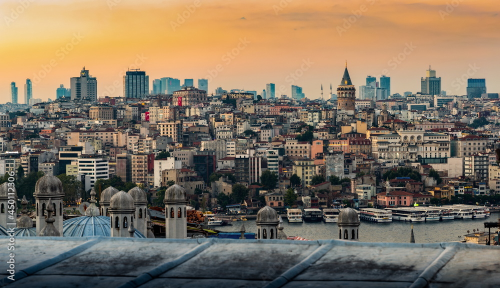Beyoglu and Galata tower at sunset. Istanbul, Turkey