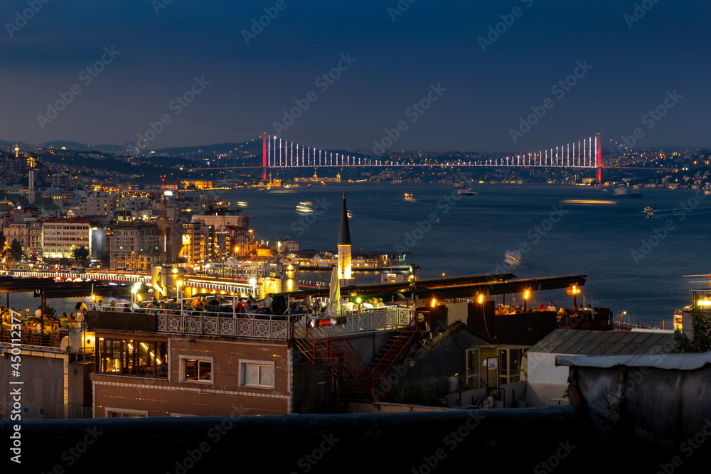 Sunset view of the Golden Horn, the Bosporus, downtown Istanbul and Galata Tower seen from Suleymaniye Mosque
