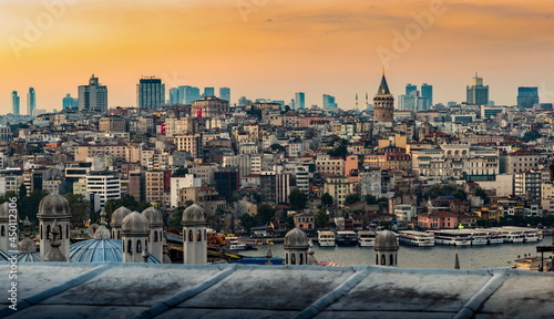 Beyoglu and Galata tower at sunset. Istanbul, Turkey