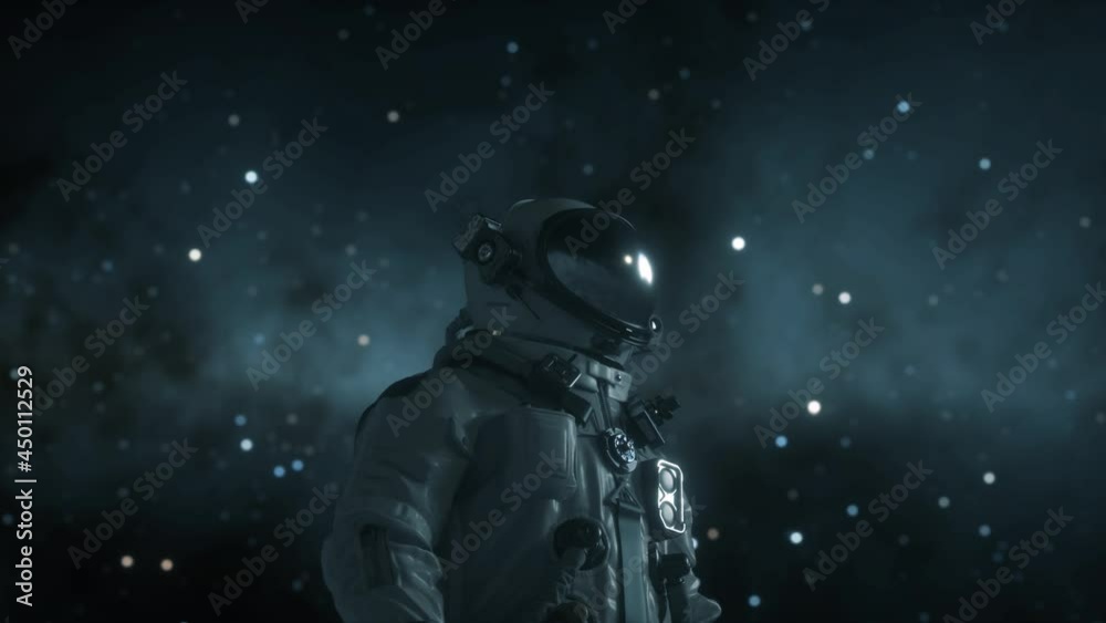 The astronaut on a new unknown snow planet under alien stars. Animation for fantasy, futuristic or space travel backgrounds