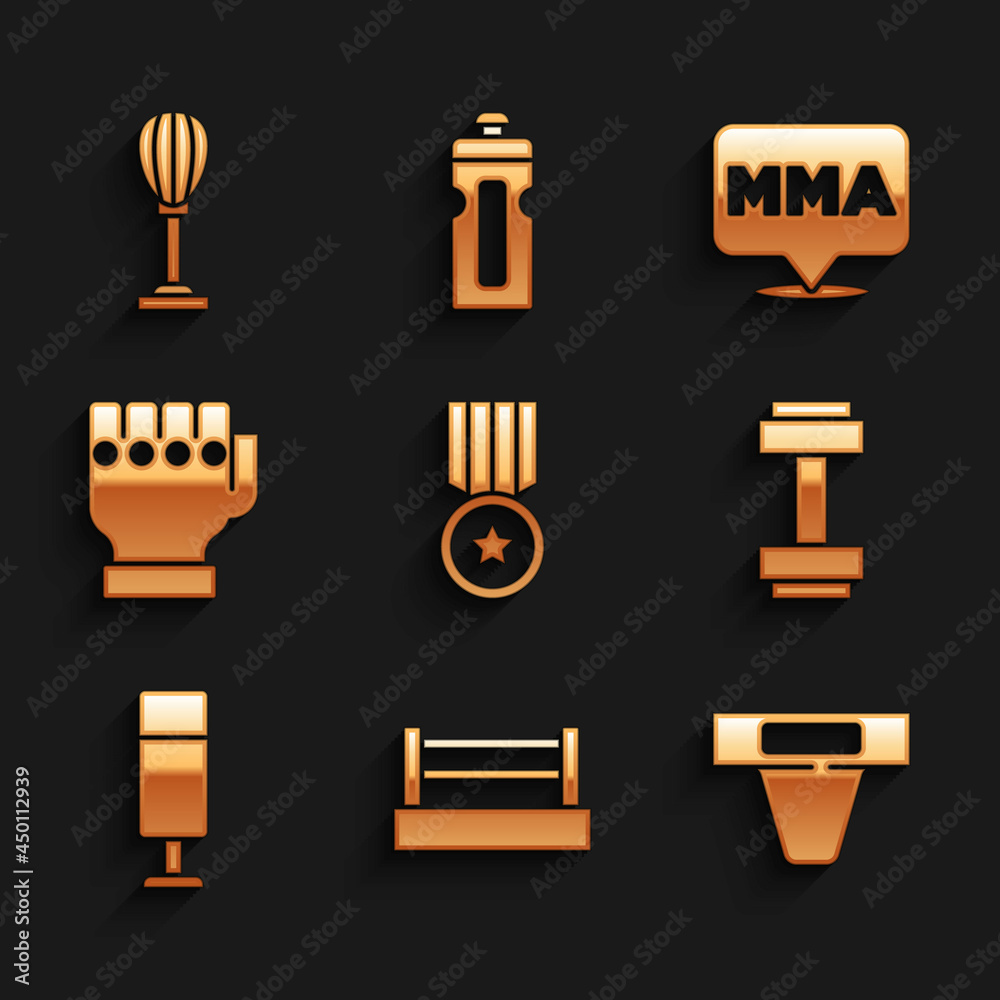 Set Medal, Boxing ring, Groin guard, Dumbbell, Punching bag, MMA glove, Fight club and icon. Vector Set Medal, Boxing ring, Groin guard, Dumbbell, Punching bag, MMA glove, Fight club and icon. Vector