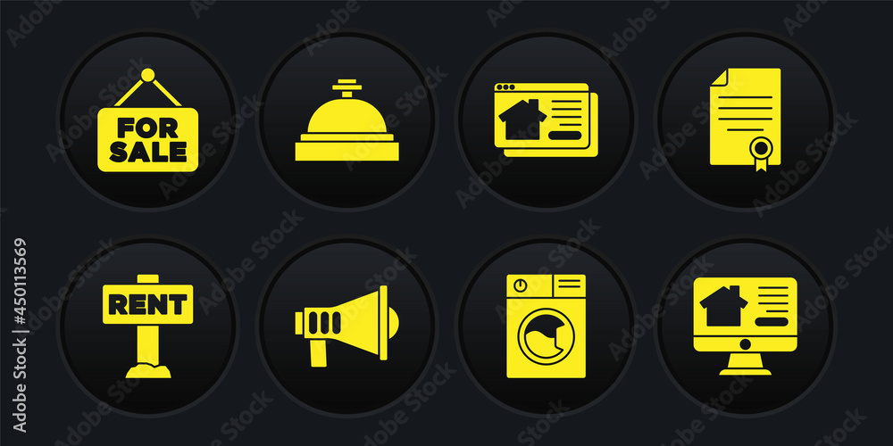 Set Hanging sign with Rent, House contract, Megaphone, Washer, Online real estate house, Hotel service bell, and For Sale icon. Vector Set Hanging sign with Rent, House contract, Megaphone, Washer, Online real estate house, Hotel service bell, and For Sale icon. Vector